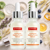 Two bottles of Gymsegbe Luminous Mighty Punch Serum with natural ingredients on a light background.