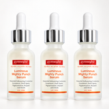 Three identical dropper bottles of gymsegbé Luminous Mighty Punch Serum arranged side by side on a clean white background.