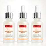 Three identical dropper bottles of gymsegbé Luminous Mighty Punch Serum arranged side by side on a clean white background.