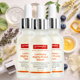 Three of Gymsegbe Luminous Mighty Punch Serum on a decorative background with plants and fruit extracts