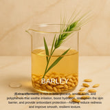 Glass container with barley grains and leaves on a beige background