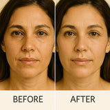 Before and after comparison of a woman's face with visible skin texture differences.