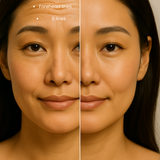 Before and after comparison of a woman's face with forehead lines highlighted.