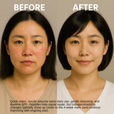 Before and after comparison of a woman's face with text on a neutral background
