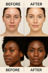 Before and after comparison of two women's faces on a beige background