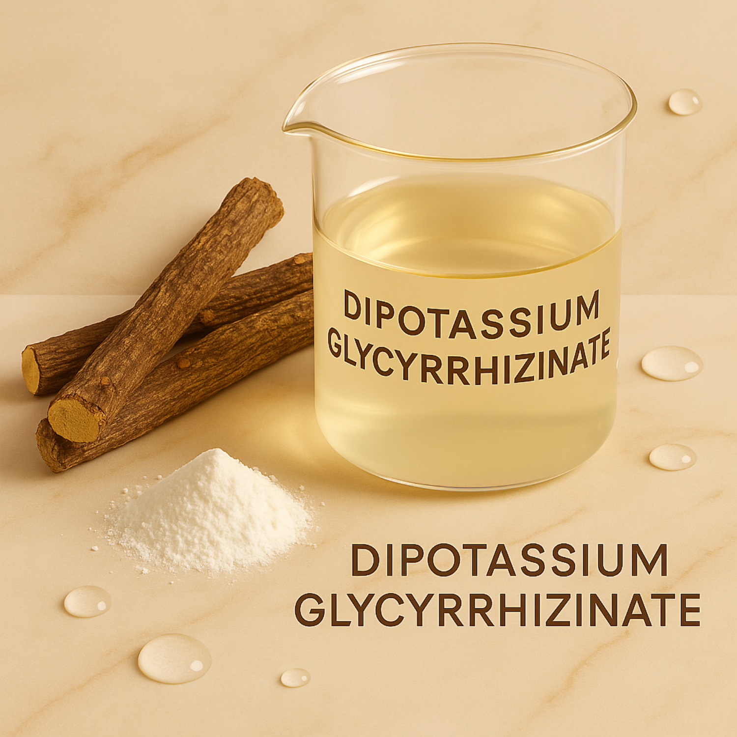 Beaker labeled 'Dipotassium Glycyrrhizinate' with licorice root and powder on a beige background
