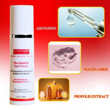 Skincare cream bottle with ingredients displayed on a red background