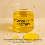 Beaker of hydrogenated lecithin with text on a beige background