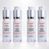 Four bottles of Gymsegbé Hyper Serum AM and PM skincare products arranged in a row on a white background.