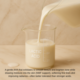 Lactic acid being poured into a glass container with text about its benefits.