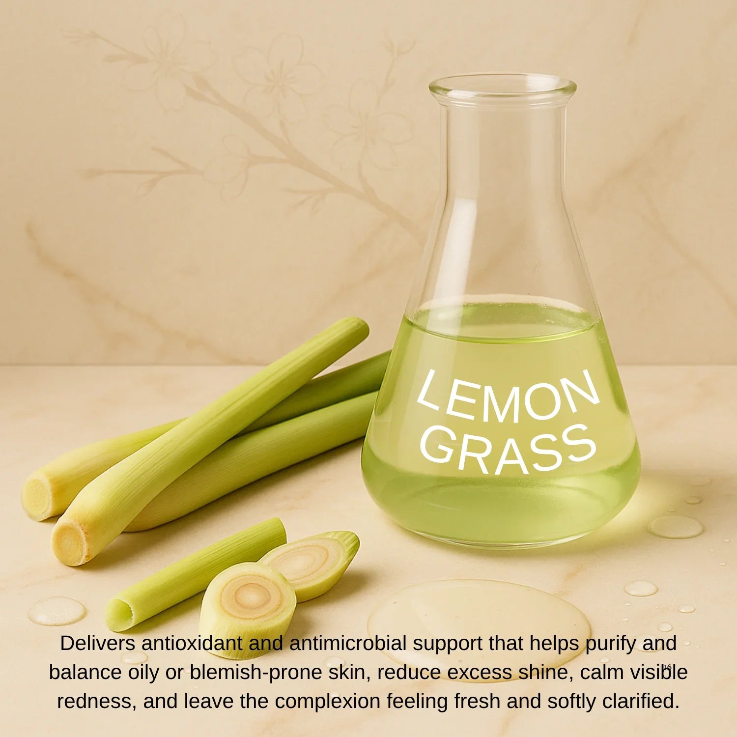 Glass container labeled 'Lemon Grass' with lemon grass stalks on a beige background