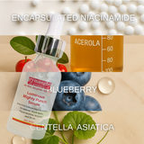 Gymnogee Luminous Mighty Punch Serum with Acerola, Blueberry, and Centella Asiatica text on a beige background.