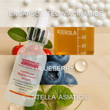 Gymnogee Luminous Mighty Punch Serum with Acerola, Blueberry, and Centella Asiatica text on a beige background.