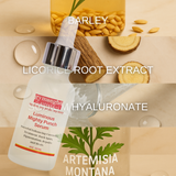 Skincare serum bottle with ingredients like barley, licorice root extract, hyaluronic acid, and artemisia montana on a beige background.