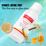 Gymsegbe Dynamic Toner bottle with ingredients on a blue background