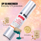 SPF 50 moisturizer with ingredients and branding on a gradient background
