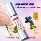 Glow-boosting serum with blueberries and flowers on a gradient background