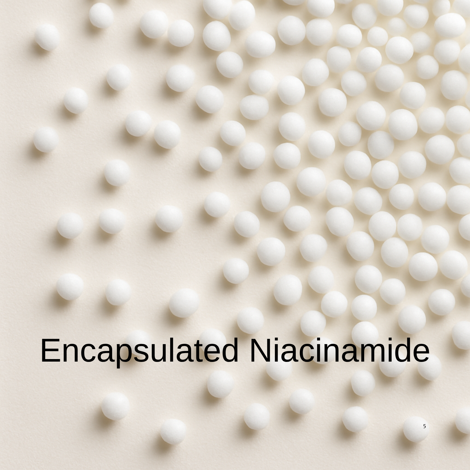 White encapsulated niacinamide beads on a beige background with text overlay.