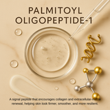 Cosmetic product with dropper and molecular structure on a beige background, featuring Palmitoyl Oligopeptide-1.