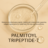 Cosmetic jar with a dropper and text about Palmitoyl Tripeptide-7 on a beige background