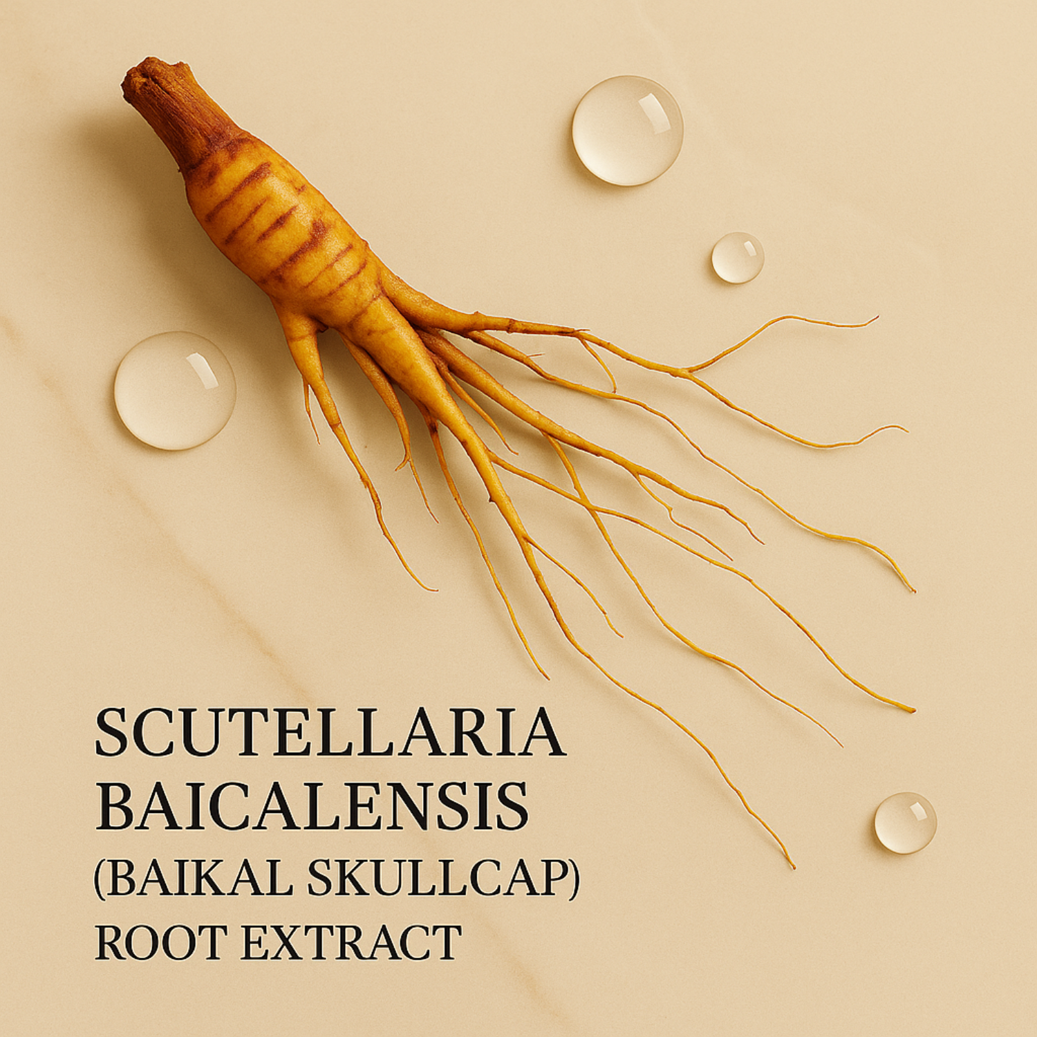 Scutellaria baicalensis root with water droplets on a beige background