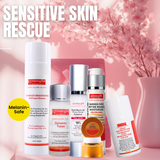 Gymsegbe skincare products with cherry blossoms in the background, labeled 'Sensitive Skin Rescue'.