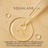 Squalane oil dropper with droplets on a beige background, featuring the word 'Squalane'.