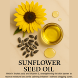 Sunflower, sunflower seeds, and sunflower seed oil on a beige background with text about sunflower seed oil.