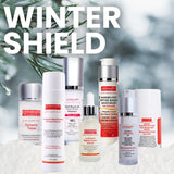 Collection of gymsegbe skincare products with 'Winter Shield' text on a snowy background featuring products for winter skincare
