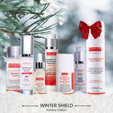 Gynsegbe skincare products with a red bow against a snowy background