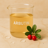 Glass container labeled 'Arbutin' with berries and leaves on a beige background