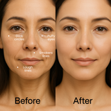 Before and after comparison of a woman's face with visible skin concerns.
