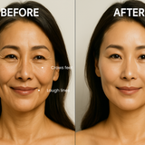 Before and after comparison of a woman's face with visible aging signs.