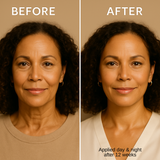 Before and after comparison of a woman's face with text indicating product application and duration.