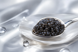 Beluga caviar on a silver spoon over a white dish, set against a glossy, reflective silver background with water droplets.