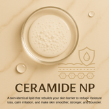 Glass container with a skin-like texture and 'Ceramide NP' text on a beige background
