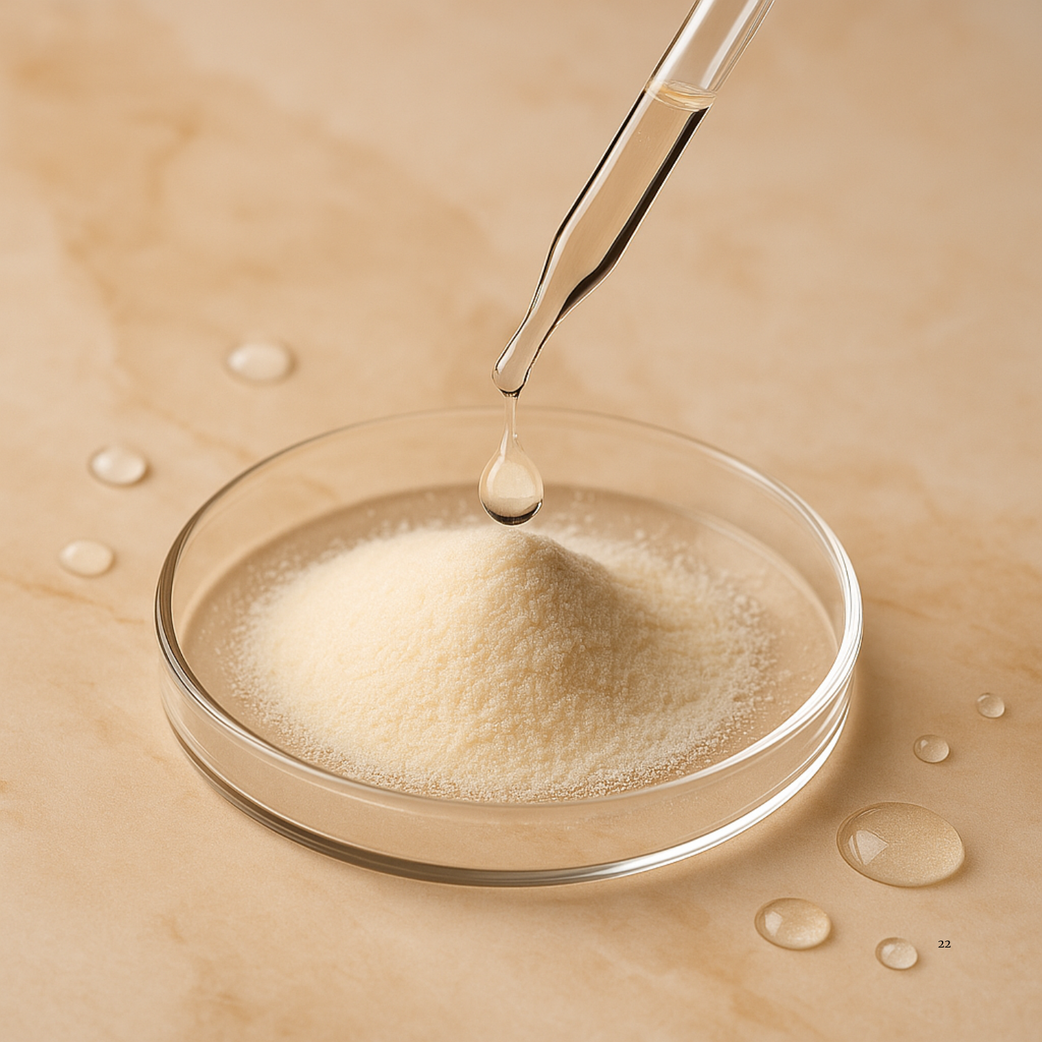 Powder in a petri dish with a dropper adding liquid, on a beige background