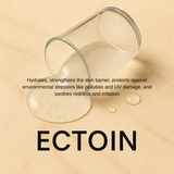 Glass container with ectoin solution on a beige background