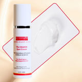 a pump bottle of eraser spot cream and a cream swatch on a white background