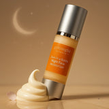 Korean night face moisturizer bottle with creamy texture, crescent moon background