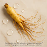 Whole ginseng root with water drops on beige surface, used in Korean skincare for radiance