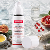 Gymsegbe glycolic lactic acid peel with pomegranate, fig, and water glasses on a white background