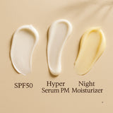 Three swatches of different skincare products on a beige background with text indicating product names and SPF levels.