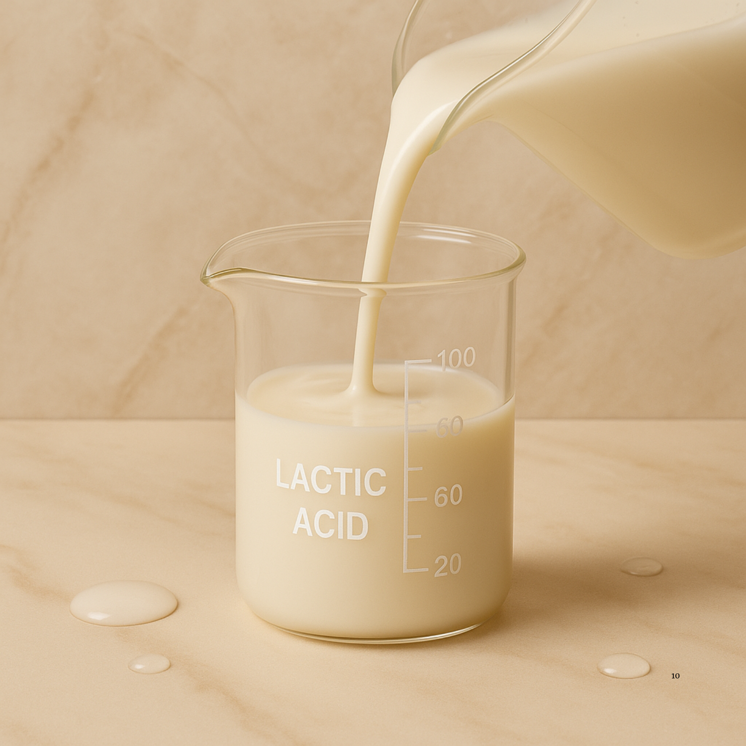 Lactic acid being poured into a beaker labeled 'Lactic Acid' on a beige background