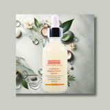 A dropper bottle of Gymsegbe Luminous Mighty Punch Serum placed on a surface with decorative elements, predominantly featuring natural colors.