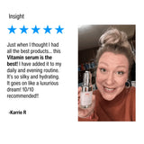 Person holding a vitamin serum with a five-star review text on the left.