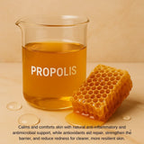 Glass beaker labeled propolis with honeycomb and honey on beige background, Korean skincare ingredient.