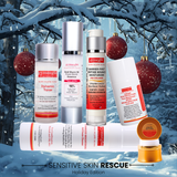 Gynsage skincare products with a winter background featuring snow-covered branches and red ornaments.