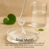 Clear snail mucin serum in glass dish with pipette, Korean skincare hydration concept