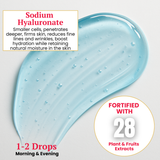 Blue gel with text about Sodium Hyaluronate and its benefits on a light gray background